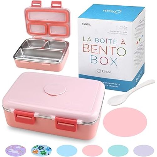 Stainless Steel Lunch Box for Baby Toddlers Girls, Mini Bento, 3 Eco Metal Portion Sections Leakproof Lid, Pre-School Daycare Lunches, Toddler Kids Spill-Proof Snack Container, 18 oz/550 mL Pink