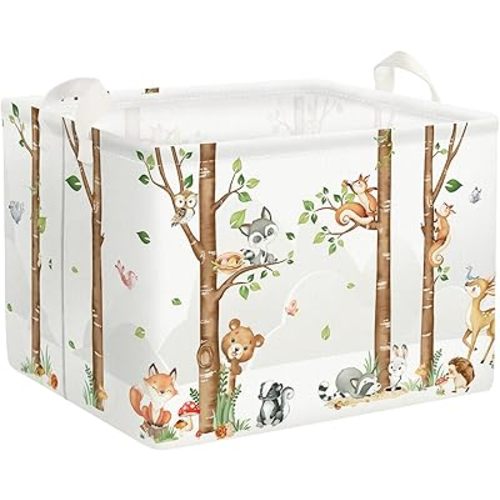 Clastyle Large Birch Tree Animal Storage Basket Collapsible Woodland Fox Bear Book Shelf Basket Rectangle Toy Clothes Cube Storage Basket for Kids Room