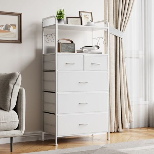 5-Drawer Tall Dresser for Bedroom, Storage Organizer with Fabric Bins, Wood Top, Sturdy Steel Frame, Easy Pull Handles, Hallway, White