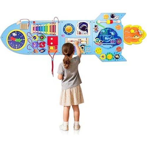 Montessori Busy Board, Sensory Wall Panel for Kids, Activity Wall Busy Board with DIY Rocket Stickers, Activity Cube Wooden Boards for 3+ Years Old