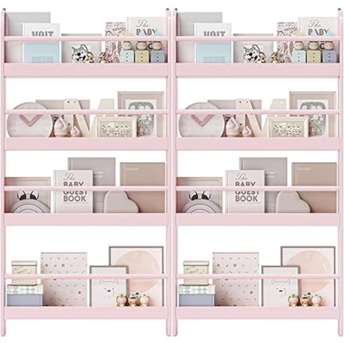 FOTOSOK 2 Pcs Kids Bookshelf, Set of 2 Wall Mount 4-Tier Book Shelf Organizer for Toys and Books, Toy Storage Bookshelf for Kids in Bedroom Living Room, Pink