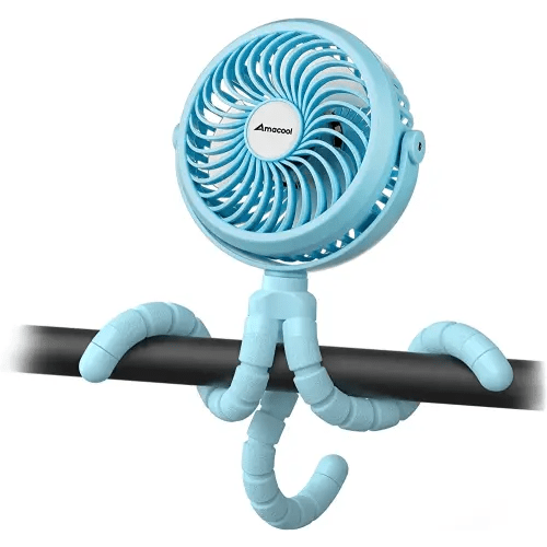 AMACOOL Battery Operated Stroller Fan Flexible Tripod Clip On Fan with 3 Speeds and Rotatable Handheld Personal Fan for Car Seat Crib Bike Treadmill (Blue)