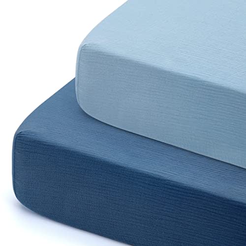 GRSSDER Soft Muslin Crib Sheet 2 Pack, 100% Cotton Crib Sheets for Boys and Girls, Fit Standard Crib Mattresses 52" x 28" Safe and Snug, Dark Blue/Blue
