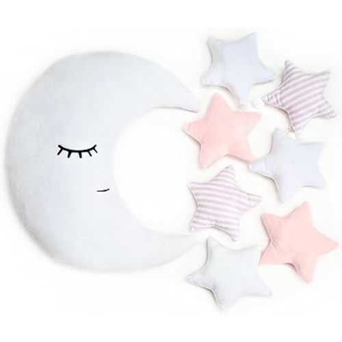 Perfectto Design Kid’s Moon Decorative Pillow, Stars Garland for Girls Toddler Room - Fluffy Moon, Stars Wall Decor, Soft Cute Throw Pillow for Bed, Bedroom Boho Teepee Ornament Decoration