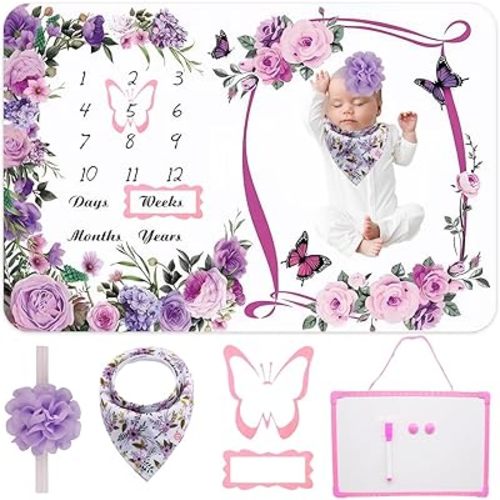 EZOJRTDZ Baby Milestone Blanket: Includes Baby Growth Blanket, Baby Photo Assist Frame, Baby Saliva Towel, Erasable Writing Pad, Baby Headband