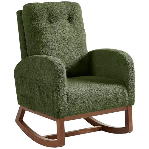 ONBRILL Rocking Chair Nursery, Rocking Chairs with Solid Wood Legs, Teddy Fabric, Glider Chair with Upholstered High Backrest, Nursery Chair for Living Room, Baby Room, Bedroom (Green)