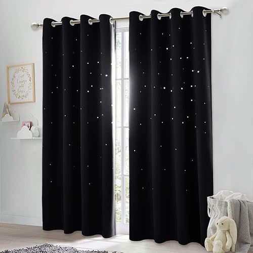 NICETOWN Black Stars Kids Curtains - Starry Night Sleep-Enhancing Cosmic Themed Room Darkening Twinkle Space Star Curtain for Boys Outer Space Theme Room (Single Panel, W52 x L84, Black)