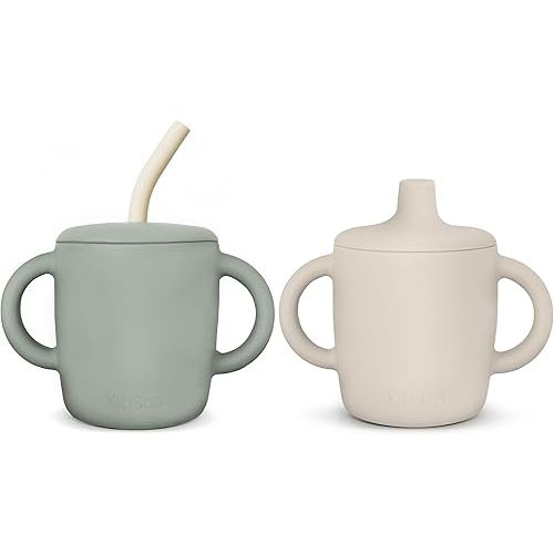 Silicone Sippy Cups with Easy Grip Transition Handles, a Soft Spout and Straw. A Non Toxic No Spill Unbreakable Training Cup. 5oz/150ml |Sandy Shore and Green|
