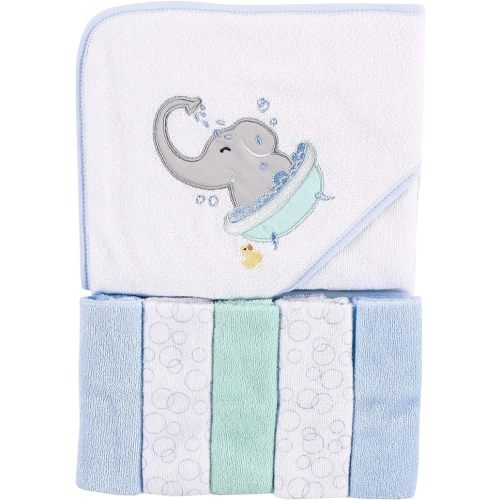 Luvable Friends Unisex Baby Hooded Towel with Five Washcloths, Elephant Bath, One Size