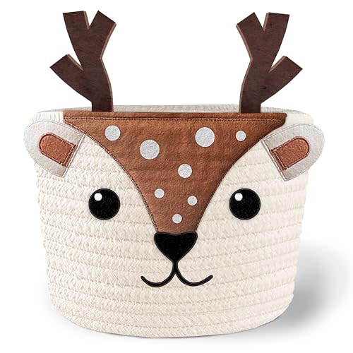 Cute Deer 100% Cotton Rope Baby Laundry Basket for Boys & Girls, Woodland Nursery Decor, Nursery Storage Basket for Essentials like Diapers, Wipes, Towels, Perfect for Baby Shower Gifts, Machine Wash