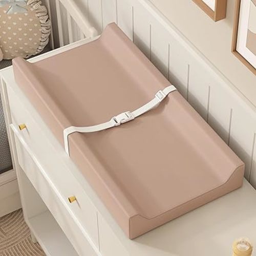 YACODAVO Wipeable Baby Changing Pad for Dresser and Table, Cozy Diaper Changing Pad with Waterproof & Wipe-Clean Leather Cover, Light Brown
