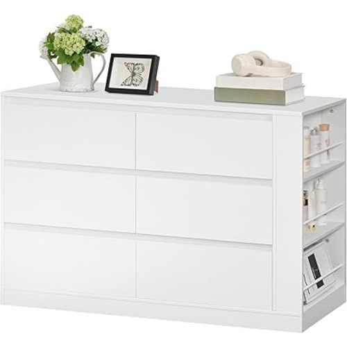 HOOBRO White 6 Drawer Dressers for Bedroom, Handless Double Dresser for Bedroom Wooden, Wide Wooden Double Dresser with Side Shelves, 15.7" D x 47.2" W x 31.5" H Chest of Drawers for Closet, Modern