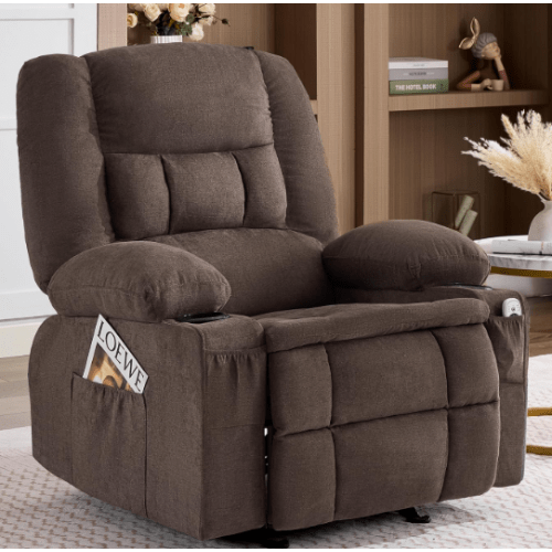 Rocker Recliner Chair with Massage and Heat, Nursery Rocking Chairs for Living Room, Ergonomic Comfy Relining Chair with Cup Holders, USB Charge Port, Side Pockets, Recliner Sofa, Brown