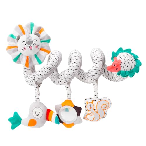 Spiral Car Seat & Stroller Activity Toy - Baby Carseat Toys Hanging Infants Plush Toys for Ages 0 Months and Up - Hanging Toys Include BB Squeaker, Crinkle Toys, Mirror and Textured Ribbons (Lion)