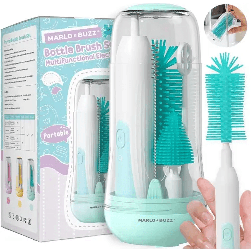 Marlo & Buzz Electric Baby Bottle Brush Cleaner Set, Rechargeable Waterproof Silicone Brushes with Large Bottle Brush, Nipple Brush, Straw Brush, Milk Stirrer, Drying Rack (Green)