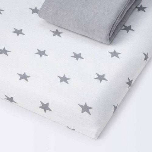 Fitted Play Yard Jersey Sheet Scatter Star and Solid Gray - Cloud Island™ 2pk