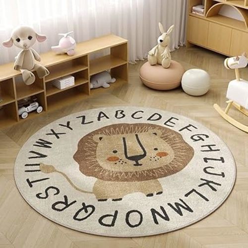 Poowe Cute Lion ABC Kids Play Mat Baby Nursery Rug Round Educational Alphabet Soft Area Rug Non Slip for Children Toddlers Bedroom (Round 47.2", ABC Lion)