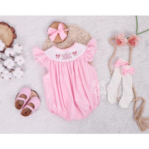 Monogram Pink Smocked Embroidered Sweet Coquette Bows Bubble Outfit 1st Birthday Romper, Cute Smocked Romper Sweet One Romper Flutter Sleeve