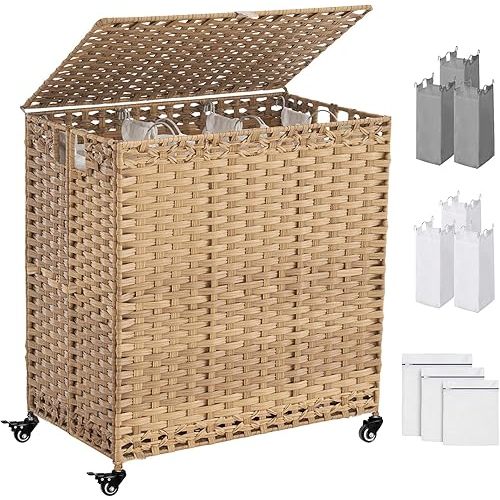 Laundry Hamper with Wheels&Lid, 50.2 Gallons(190L) Rolling Laundry Basket with Wheels, 3-Section Laundry Hamper, Handwoven Rattan Clothes Hamper with 6 Removable Liner& 3 Mesh Laundry Bags, Natural