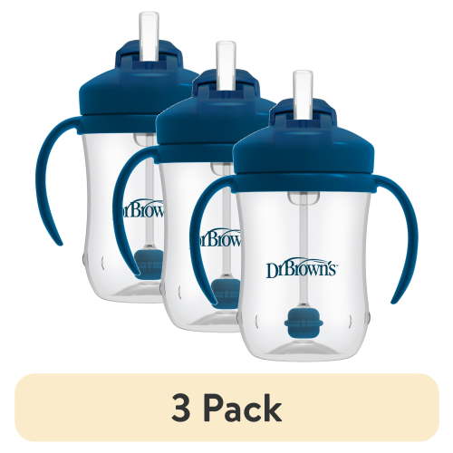 (3 pack) Dr. Brown's Milestones Baby's First Straw Cup, Training Cup with Weighted Straw, 9oz/270ml, Dark Blue, 6m+