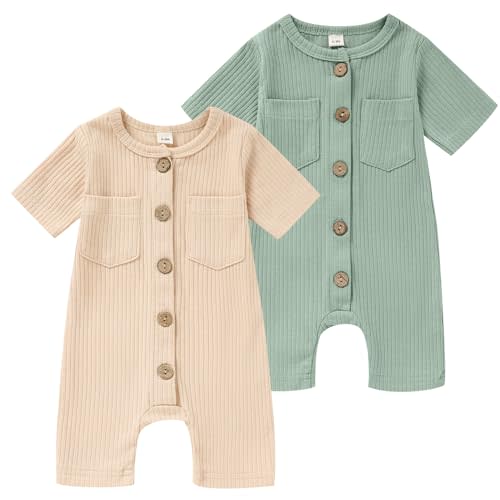 TITKKOP Newborn Baby Boy Girl Clothes 2 Pack Solid Romper Short Sleeve One-Piece Jumpsuits Outfits Sets