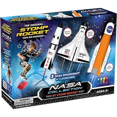 Stomp Rocket Space Collection Rocket Launcher for Kids, 3 NASA Rockets - Backyard & Outdoor Fun Toy Gift for Boys & Girls - STEM Soft Foam Blaster Set Soars Up to 100 Feet - Ages 5 & Up