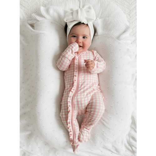 2-Way Zip Ruffle Footie, Pink Gingham