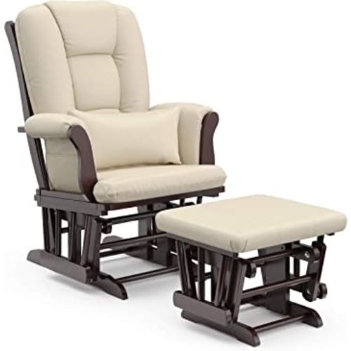 Storkcraft Tuscany Custom Glider and Ottoman with Free Lumbar Pillow (Espresso/Beige) - Cleanable Upholstered Comfort Rocking Nursery Chair with Ottoman