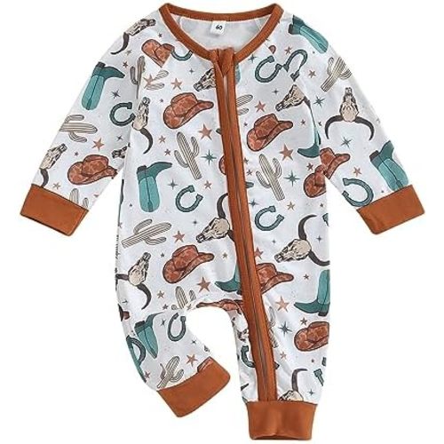 Western Baby Girl Boy Clothes Cow Print Long Sleeve Romper Zipped Fall Outfit Infant One-piece Jumpsuit Bodysuit