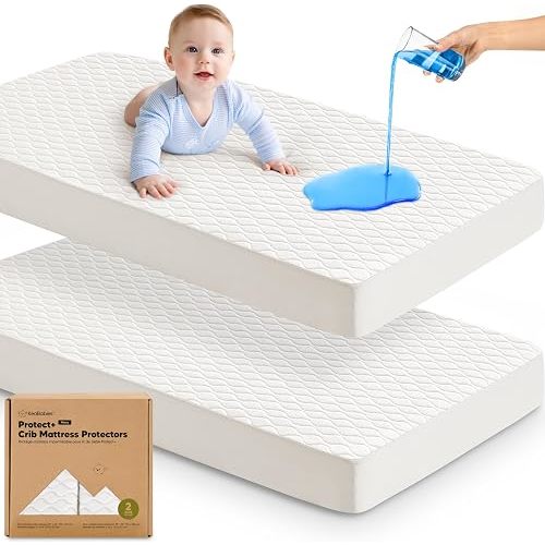 2-Pack Waterproof Crib Mattress Protector Cover Fitted - Quiet Baby Crib Mattress Pad Sheets, 52" x 28" Soft Quilted Cotton Baby Sheet, Machine Washable, Easy Fit, Durable (Soft White/Mavy)
