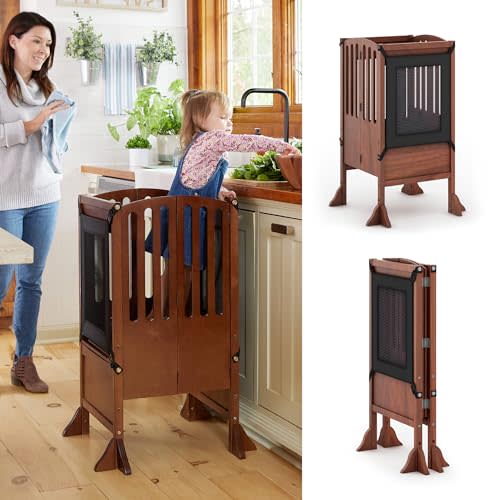 Guidecraft Contemporary Kitchen Helper® Stool with 2 Keepers - Walnut: Adjustable Height Wooden Counter Step Stool for Toddlers