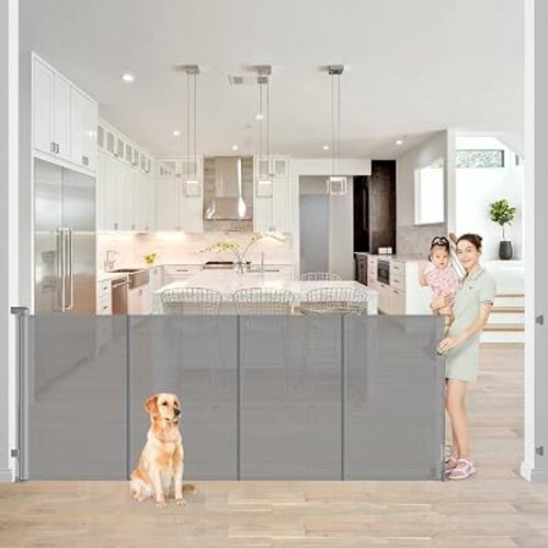 Reinforced 42” Extra Tall x 80” Wide Retractable Baby Gates with Rods to Prevent Crawling Through, Extra Tall Dog Gate for Large Openings Indoor Long Mesh Pet Gate for Stairs and Doorways, Gray