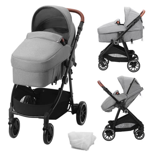 SKYSHALO 2 in 1 Convertible Stroller, Foldable Newborn Bassinet Pram, Travel Stroller, Dark Grey