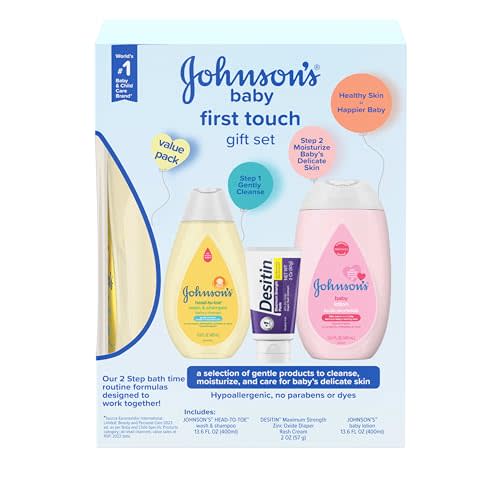 Johnson's First Touch Baby Gift Set, Baby Bath, Skin & Hair Essential Products, Kit for New Parents with Wash & Shampoo, Lotion, & Diaper Rash Cream, Hypoallergenic & Paraben-Free, 4 items