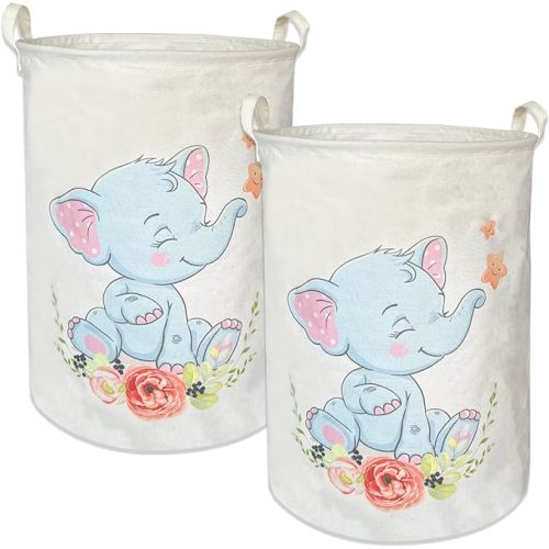 2 Pack Baby Laundry Hamper, 19.6'' Large Canvas Nursery Laundry Hamper Basket for Boys Girls, Nursery Storage Hamper for Laundry, Toys, Clothes, Elephant