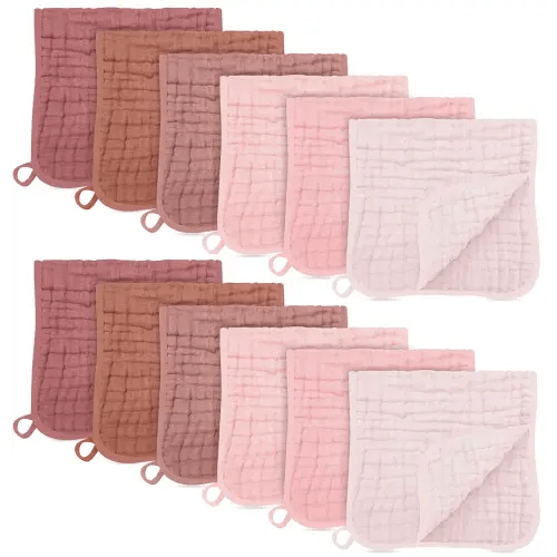 SWEET DOLPHIN 12 Pack Muslin Burp Cloths Large 100% Cotton Burping Clothes for Baby Drool - Absorbent and Soft Boys & Girls Milk Spit Up Rags for Newborn Essentials Registry - Dewy Petal