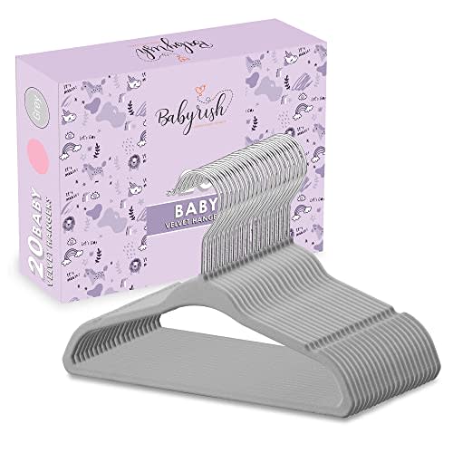 Babyrish Baby Hangers for Closet - Cute Yet Sturdy Baby Clothes Hangers for Newborns, Toddlers and Kids - Space Saving, Non Slip Kids Hangers for Nursery - Pack of 20 Grey Velvet Hangers (20, Grey)