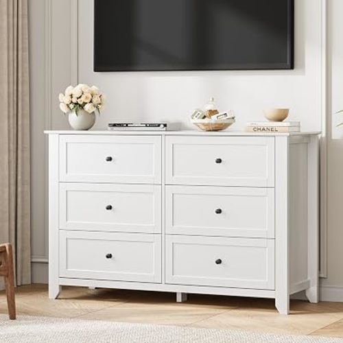 Garvee 6 Drawer Dresser for Bedroom, 47.2" Wide Modern Large Chest of Drawers with Metal Knobs, Wooden Clothes Storage Organizer for Closet, Nursery, Living Room, Apartment, White