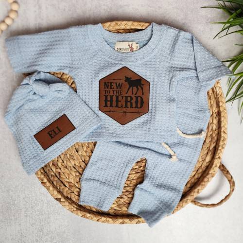 Baby Coming Home Outfit Personalized | New To The Herd | Waffle Outfit | Country Western Newborn | Baby Announcement Clothing | Name Hat