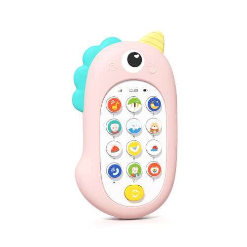 Baby Silicone Learning Phone, Teething Toy, 18 Months Old, Interactive Baby Music and Language Learning Toy with 12 Functions, The Hot Gift for Children (Pink)