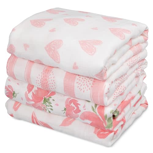 GLLQUEN BABY Muslin Swaddle Blankets 4-Pack Breathable Receiving Blankets (35" x 40") Soft Baby Blankets for Girls and Boys Newborn Essentials Muslin Burp Cloths Swaddle Wrap Baby Gift (Flower)