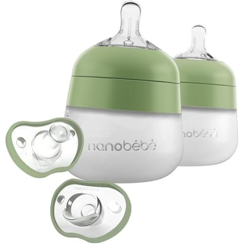 Nanobebe Flexy Silicone Baby Bottle, 2-Pack 5oz in Sage with Baby Pacifiers 0-3 Month, 2-Pack in Sage