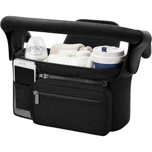 Baby Universal Pram Caddy Bag,Stroller Organiser with Cup Holder,Detachable and Shoulder Strap with Cup Holder, Phone Holder,Suitable for Most Strollers pram Bag