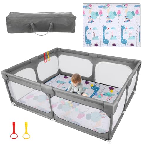 JINXIA Baby Playpen with Mat 75"*59", Large Playpen for Babies and Toddlers with Soft Breathable Mesh, Fodable Climb-Proof Anti-Fall Baby Playpen, Sturdy Safety Play Yard for Indoor Outdoor Fun, Grey