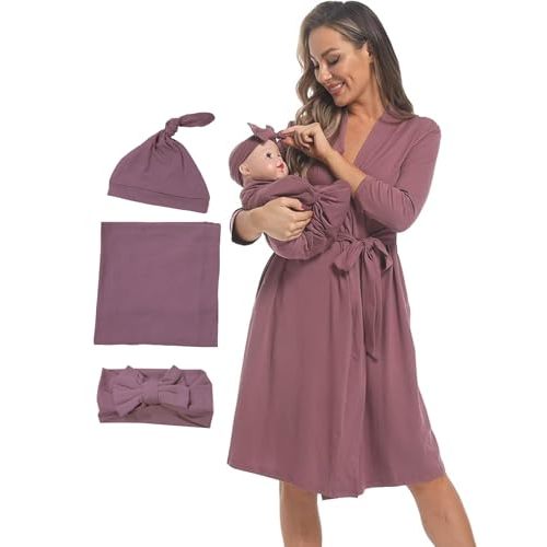 QTECLOR Maternity Robe with Matching Swaddle Blanket Set,Maternity Barhrobe Delivery Labor Robe for Hospital Women Dress