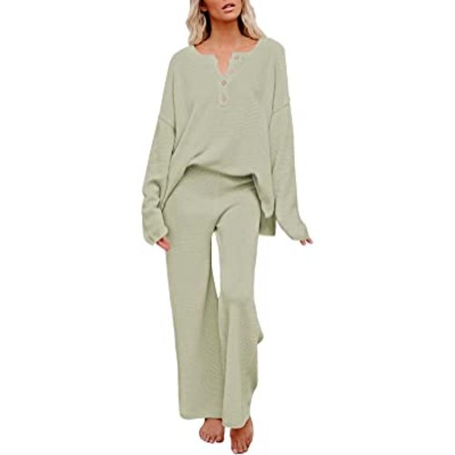 Pink Queen Women's 2 Piece Fall Outfit Lounge Set Long Sleeve Button Pullover Sweater Matching Wide Leg Pants Knit Sweatsuit