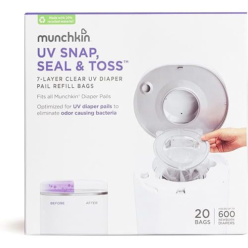Munchkin® UV Snap, Seal & Toss™ Diaper Pail Refill Bags, Holds up to 600 Newborn Diapers, 20 Pack