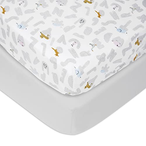 aden + anais Essentials Classic Poplin Crib Sheets, 100% Cotton Fitted Sheet, Standard Crib Mattress Topper for Baby Boys and Girls, 2 Pack, Alphabet Animals
