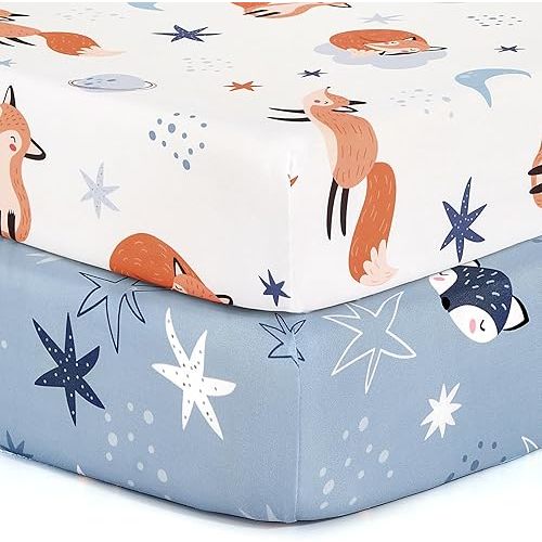BROLEX 2 Pack Mini Crib Sheets, Stretchy Portable Fitted Playard Sheet Set, Convertible Playard Mattress Cover, Ultra Soft Breathable Polyester Material, Starry Fox