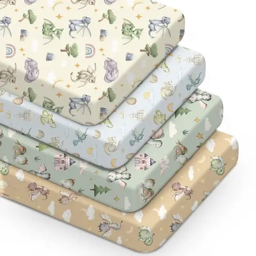 4 Pcs Watercolor Cute Dragon Fairy Tale Crib Sheets for Boys Girls 52'' x 28'' x 8'' Cloud Moon Star Dragons Egg Breathable Standard Newborn Mattress Sheets Fitted Baby Toddler Gifts